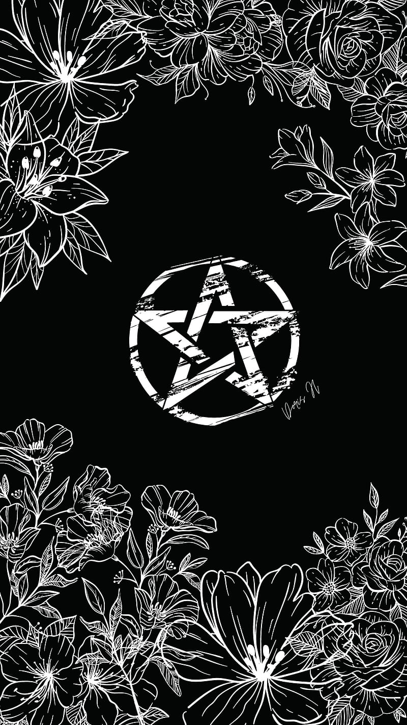 The black and white flower design with a pentacle in it - Witch