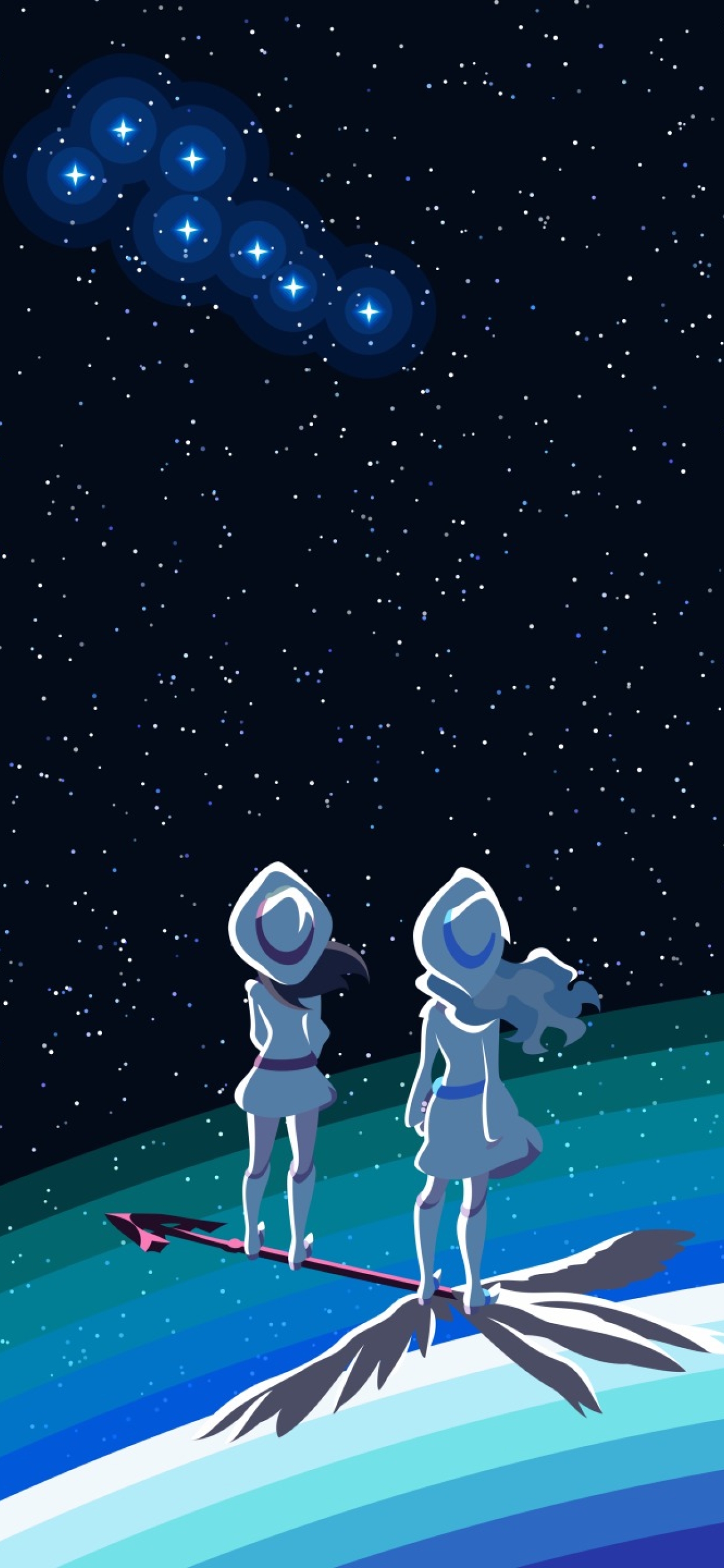 An illustration of two astronauts standing on a planet looking up at the stars. - Witch