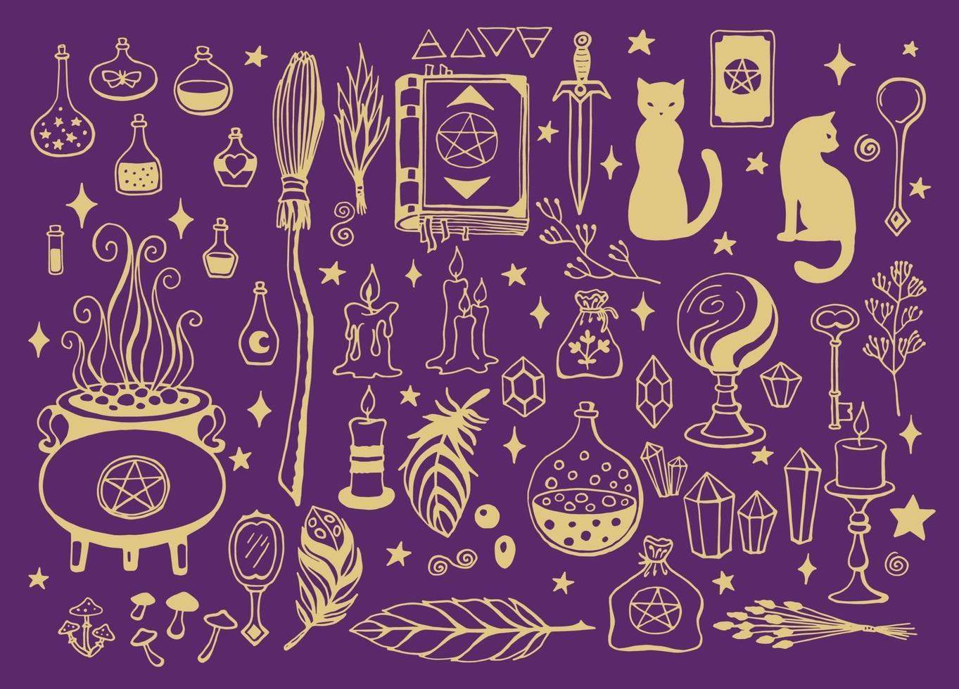 A purple background with gold witchy illustrations on it. - Witch
