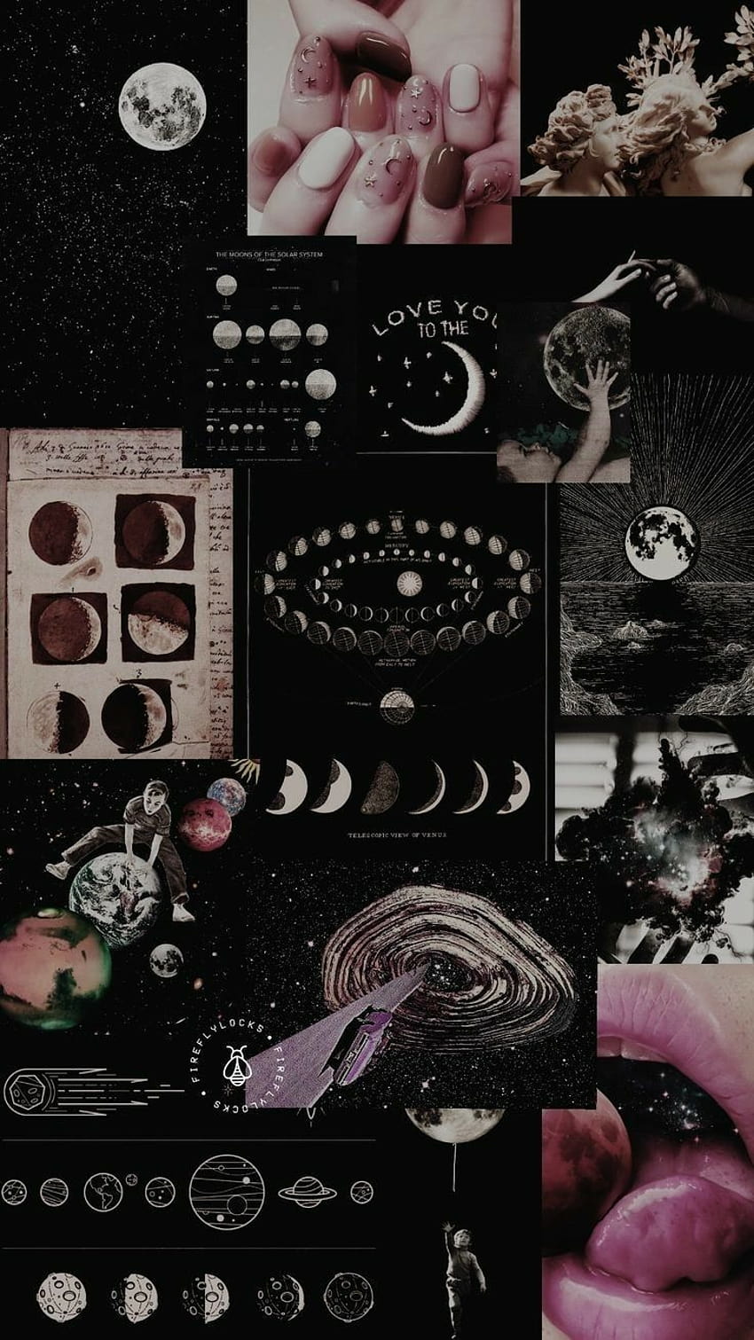 A collage of pictures with different objects - Dark purple, witch, witchcore, moon phases