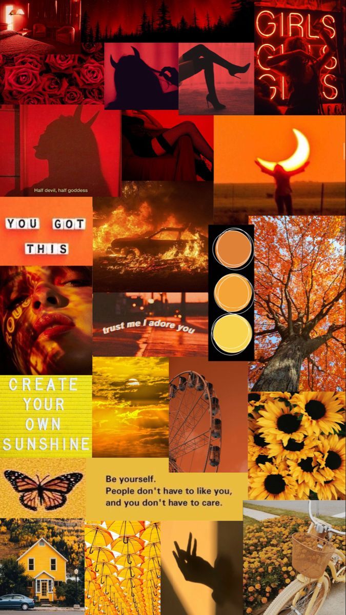 Aesthetic phone background collage with red, orange, yellow, and brown tones. - Orange