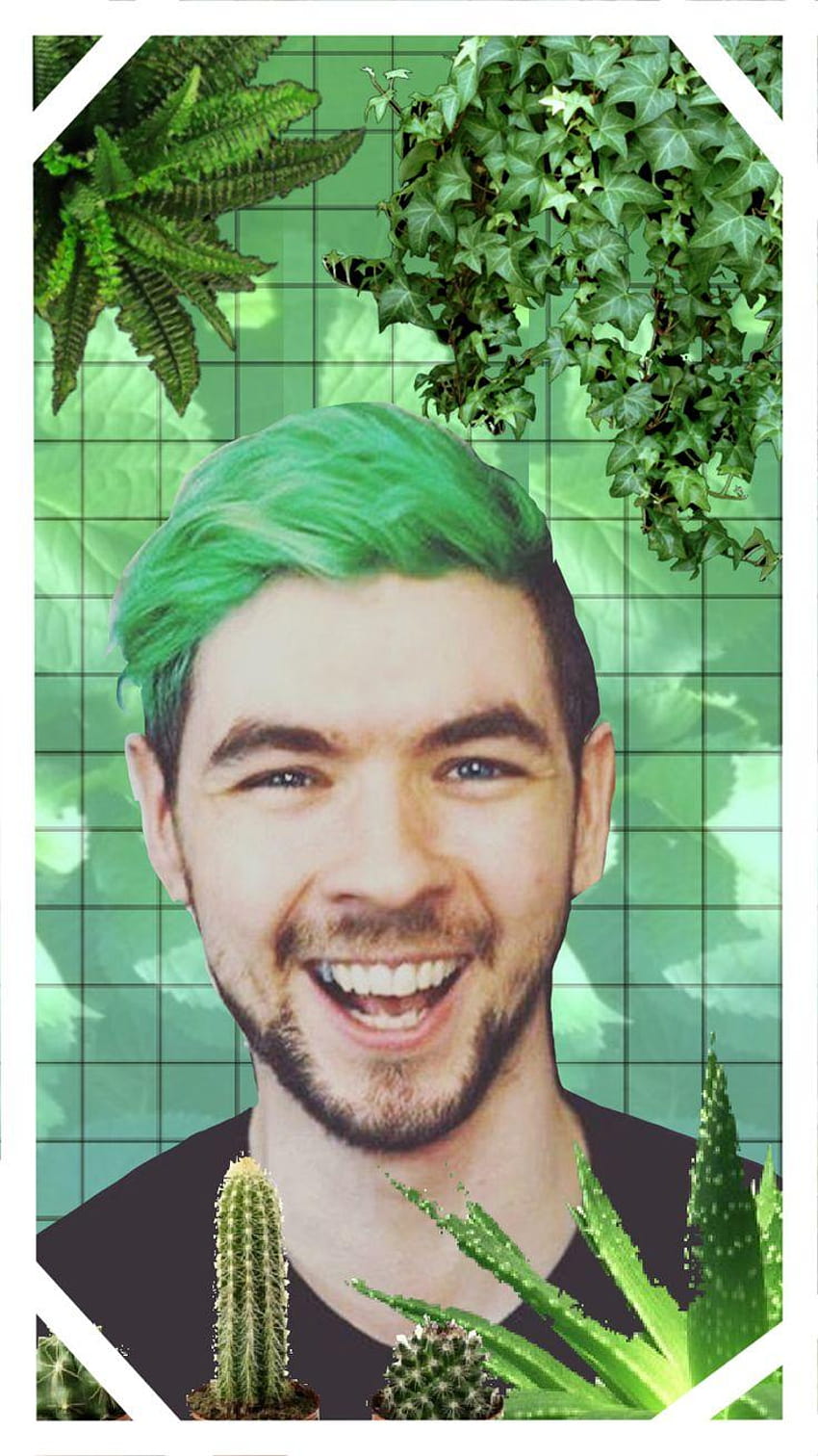 Collage of a smiling man with green hair and plants. - Markiplier