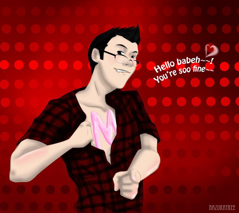 A digital image of a man in a red and black flannel holding a pink heart. - Markiplier