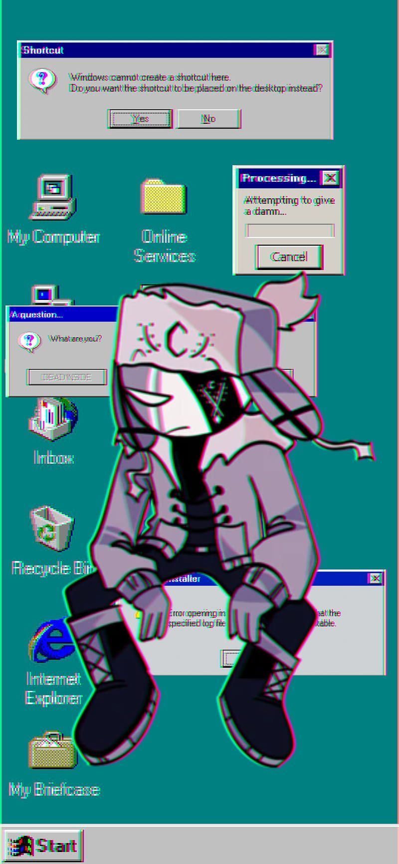 A computer screen with an animated character on it - Windows 95