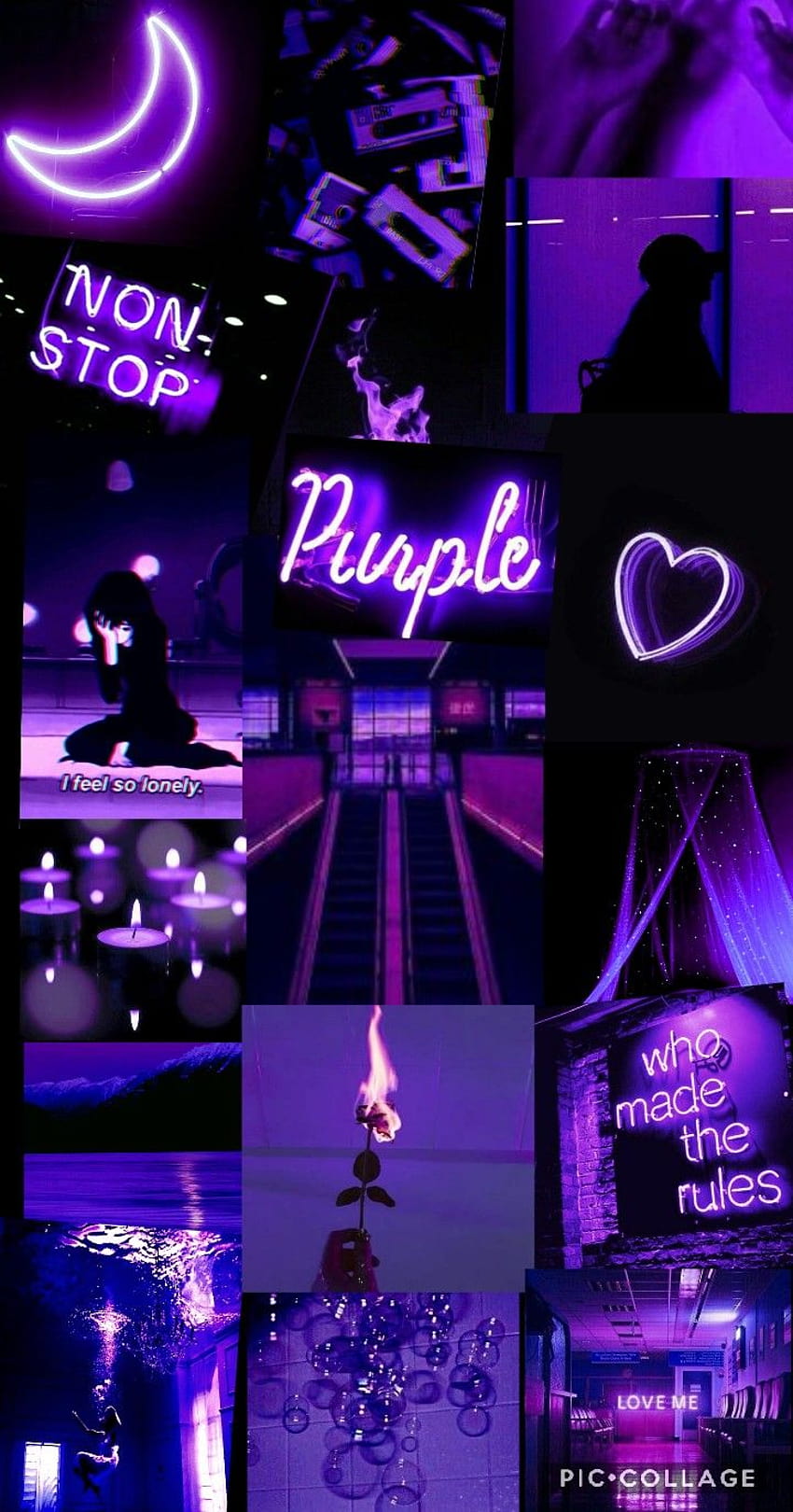 A collage of purple neon lights and words - Purple, neon purple