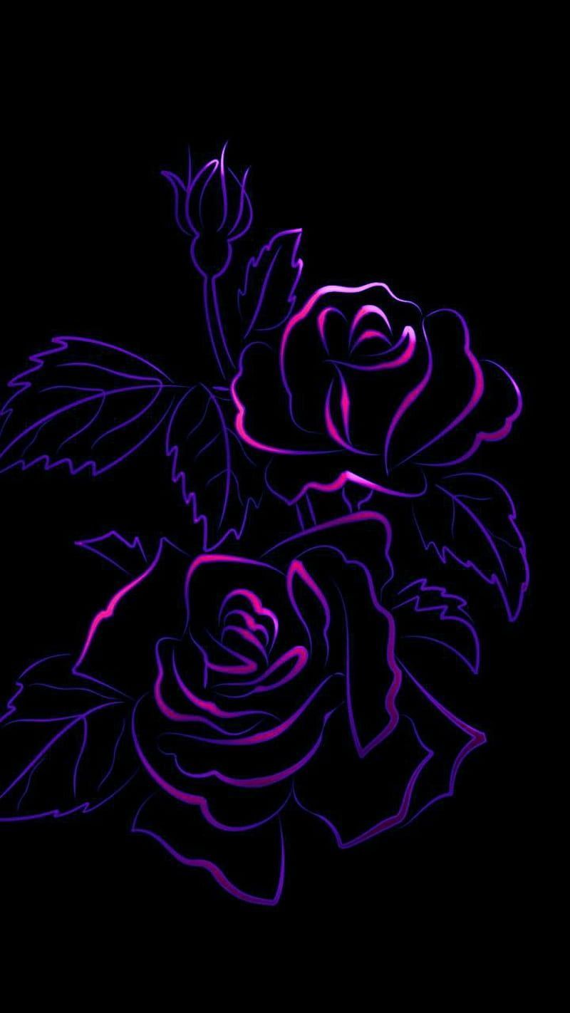 A purple rose with leaves and petals - Neon purple, dark purple