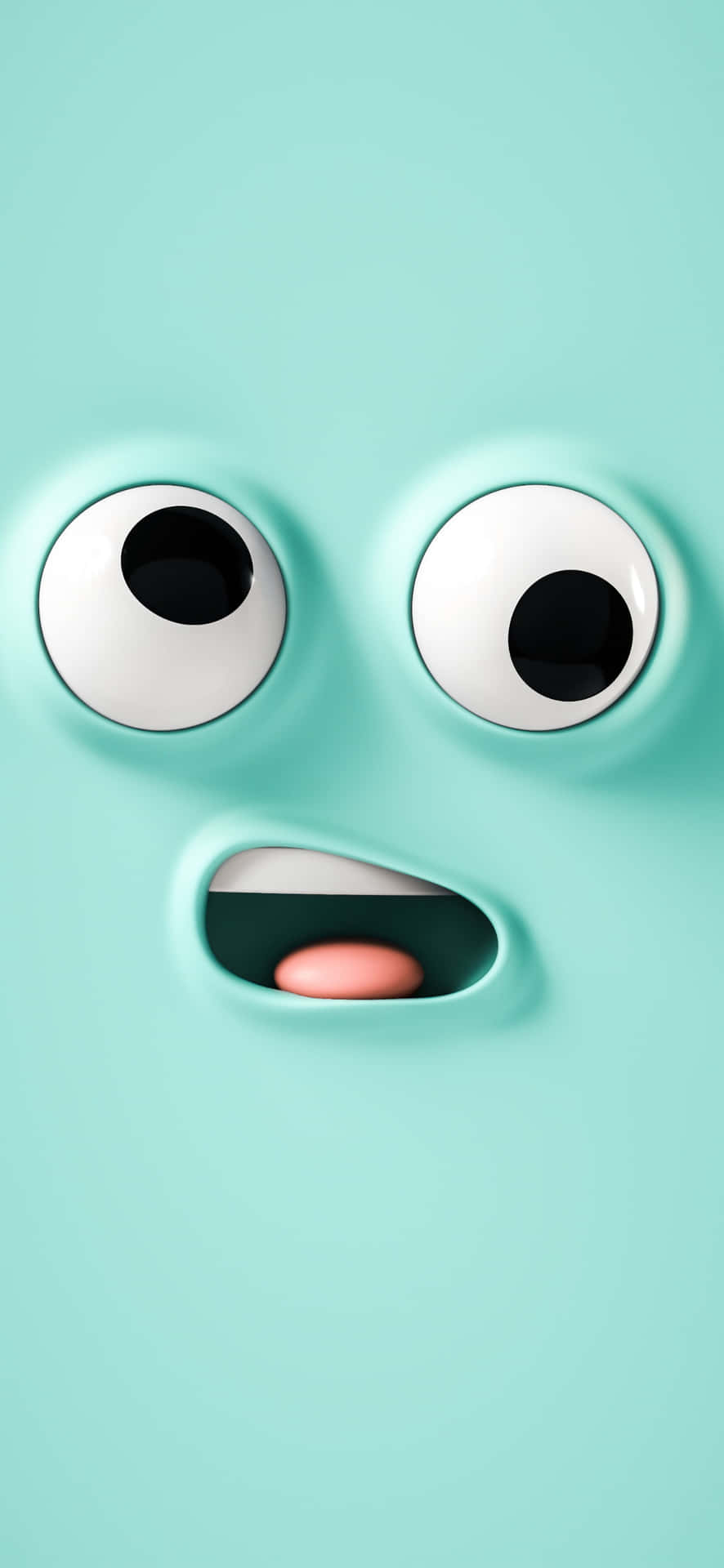 A close up of a blue-green face with big eyes and a mouth open in a surprised expression. - IPhone