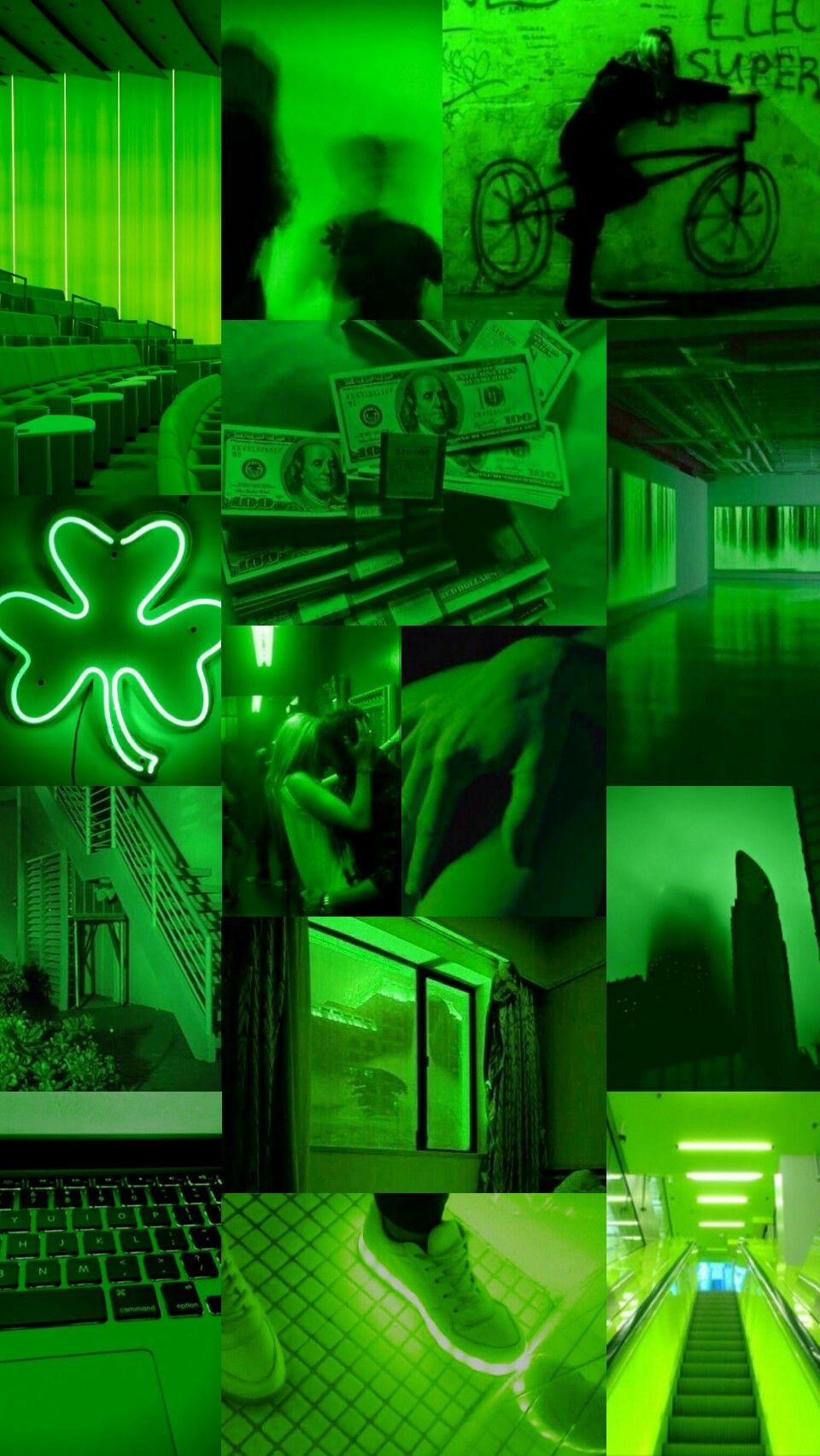 Aesthetic green collage background with neon lights, money, and a city - Green, lime green, neon green