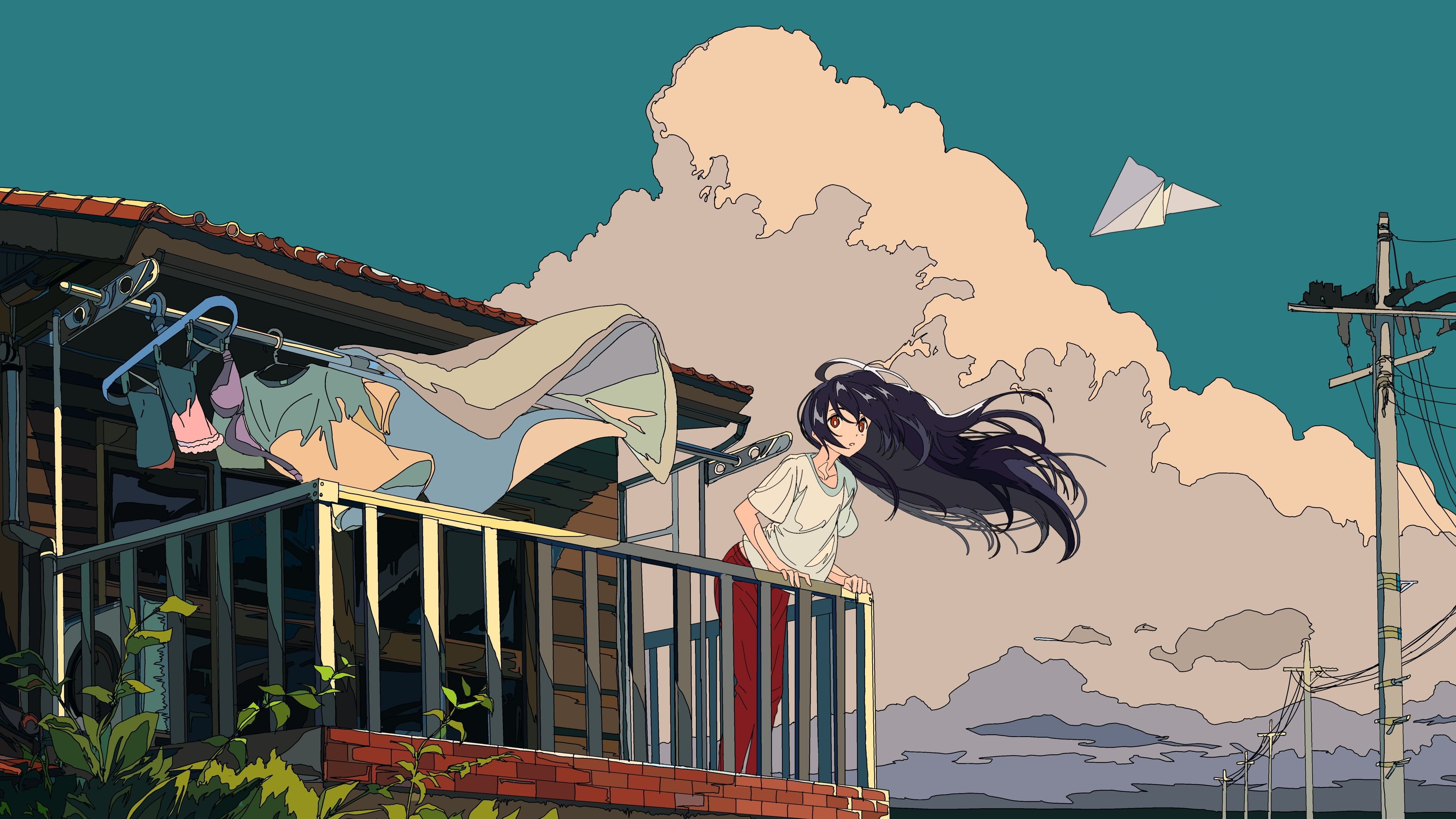 black haired girl anime character illustration #clouds #sky #cloth #buildin. Anime scenery wallpaper, Computer wallpaper desktop wallpaper, Desktop wallpaper art