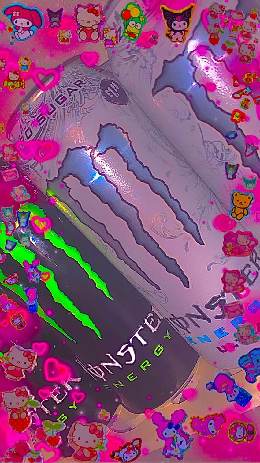 A can of monster energy with pink and green stickers - Indie