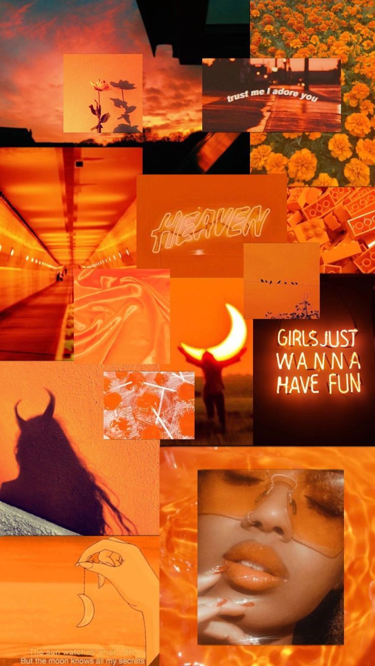 Aesthetic orange collage background with sun, flowers, and girl with orange lipstick - Orange