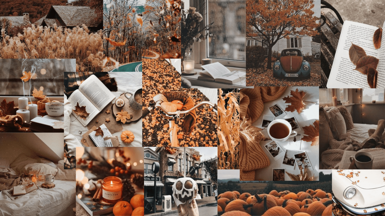 A collage of images featuring fall elements such as pumpkins, leaves, and cozy blankets. - Cozy, collage