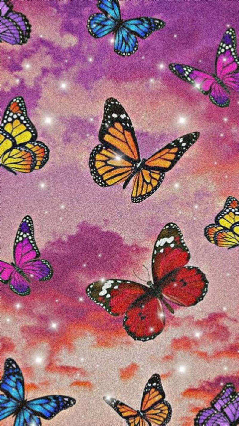 Aesthetic butterfly wallpaper for phone with colorful butterflies in the sky - Butterfly, bling