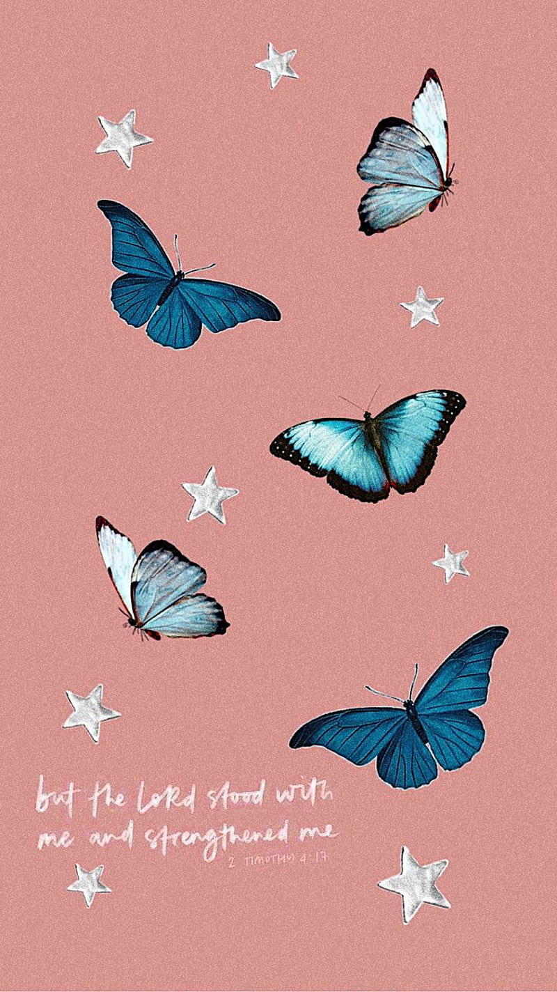 Pink background with blue butterflies and white stars phone wallpaper with bible verses from psalm 46:5 - Butterfly, inspirational, spiritual