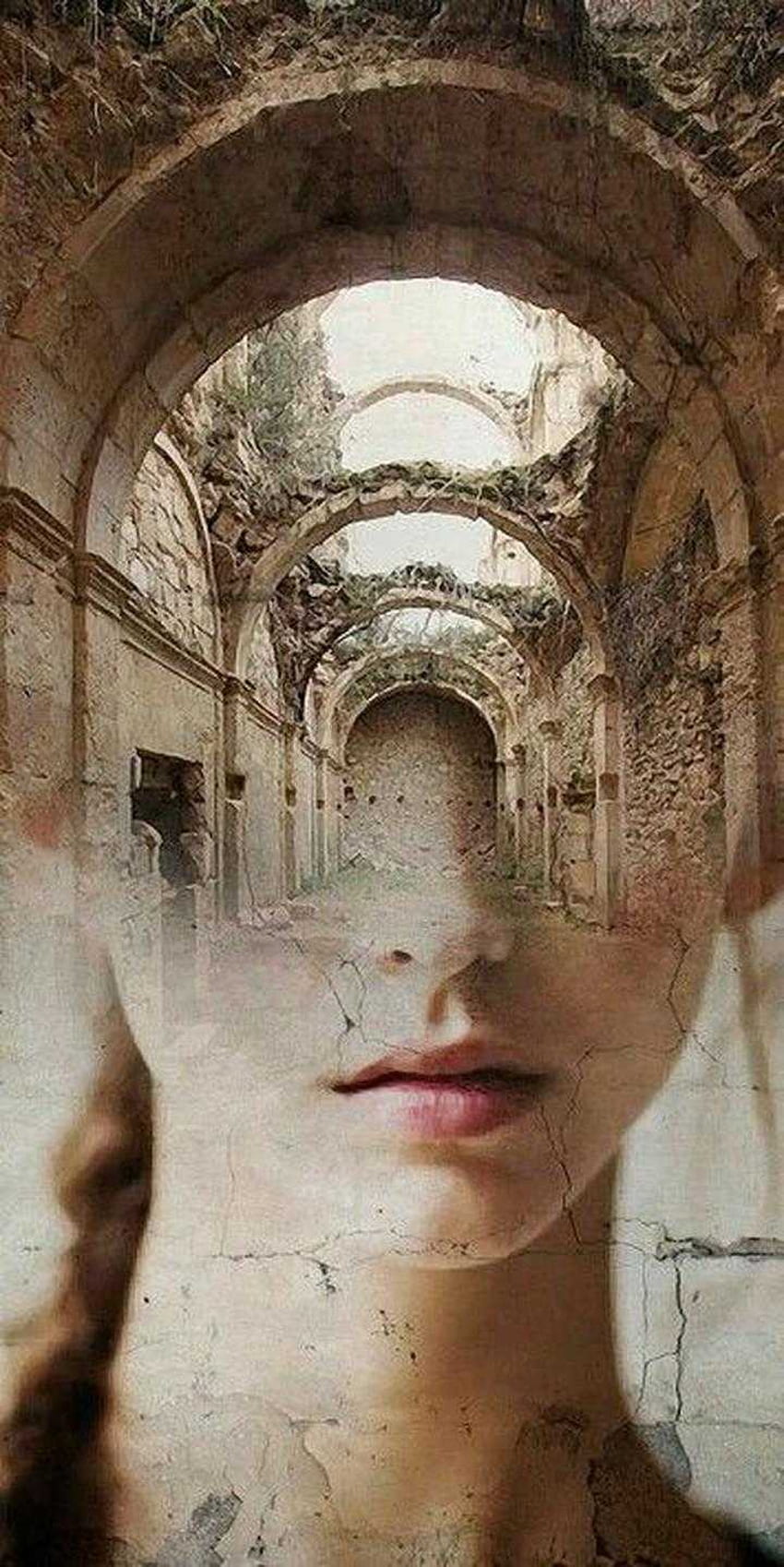 The image is a photograph of a face superimposed over a photograph of an arched walkway. - Dark academia, light academia, Goblincore