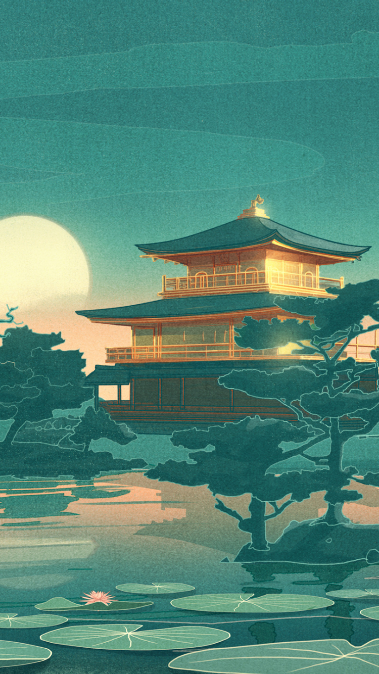 A painting of an oriental building in the water - Japan