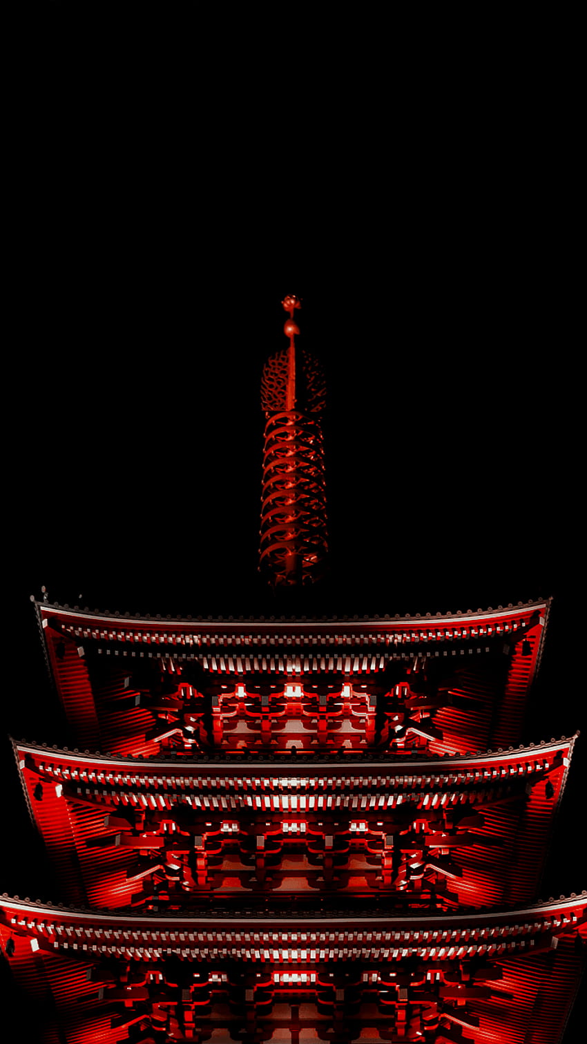 A red and black photo of a building. - Japan, Japanese