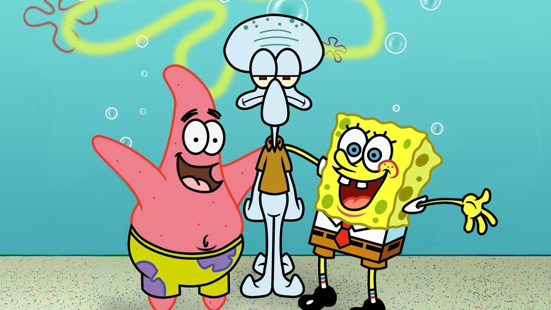 Patrick, Squidward, and SpongeBob are all smiling and waving at the camera. - SpongeBob