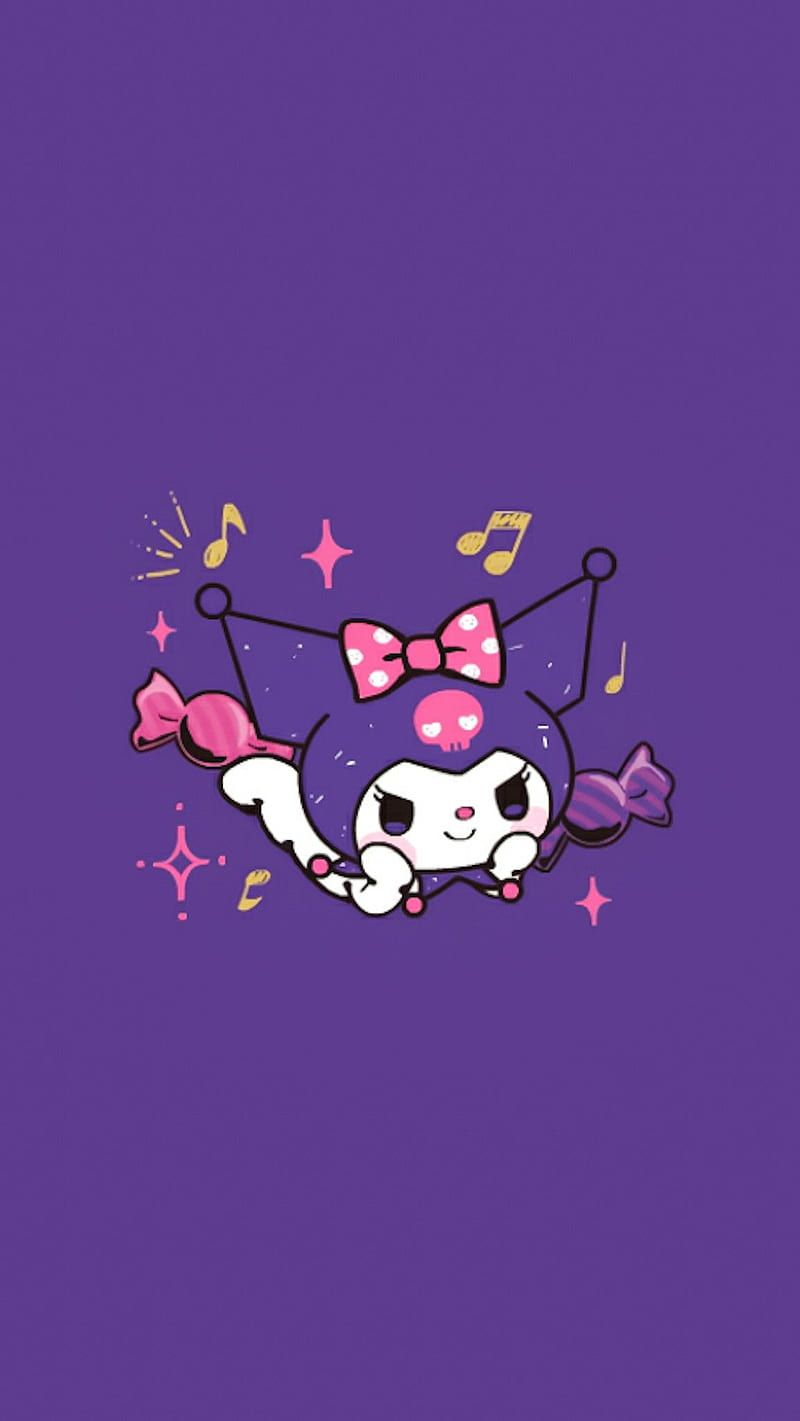 A cute cartoon character with pink bow on purple background - Kuromi