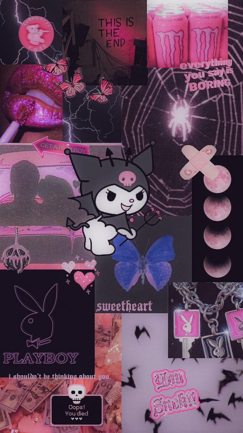 A collage of pictures with pink and black - Kuromi