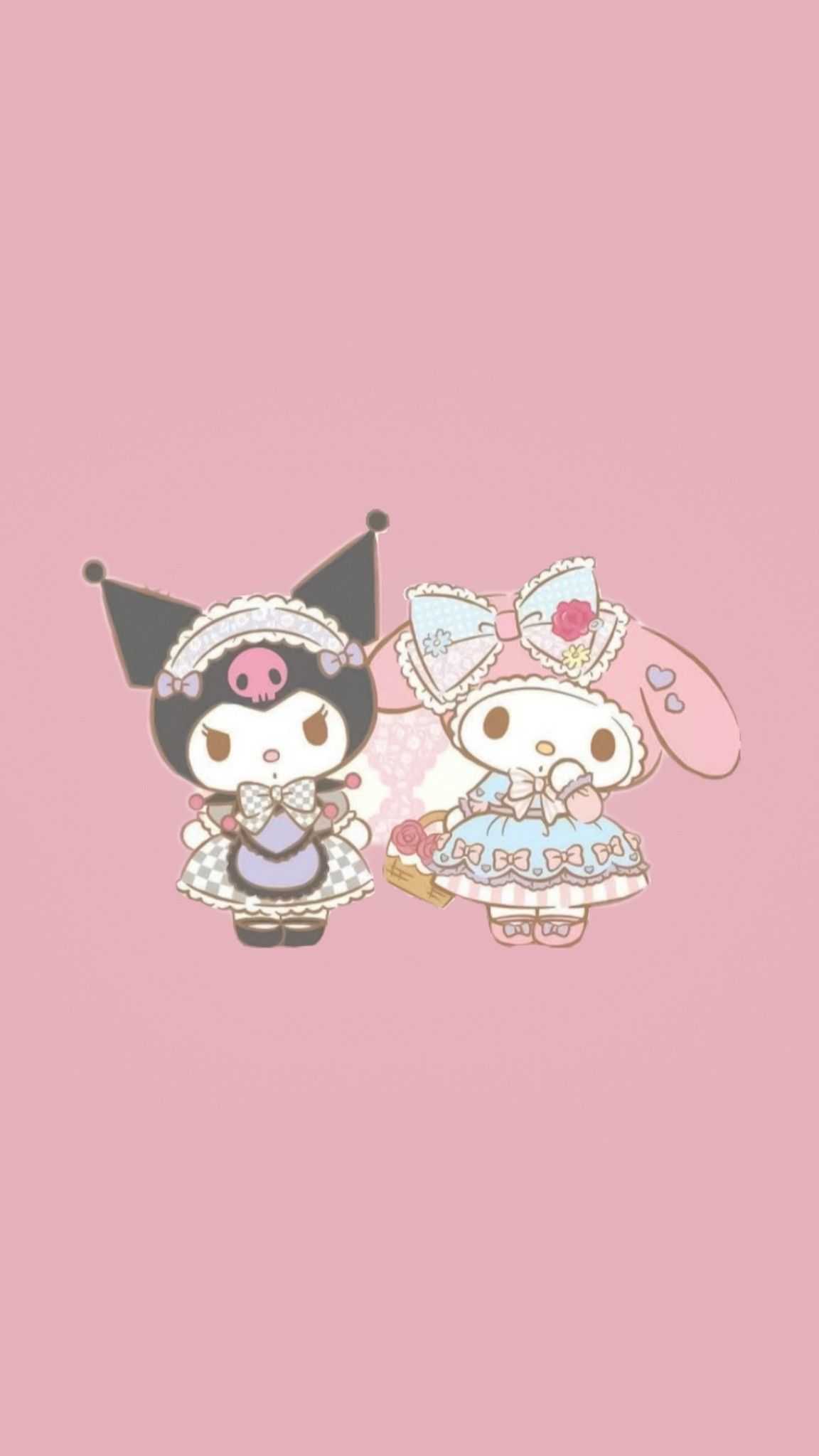 Two cute little girls in dresses on a pink background - Kuromi