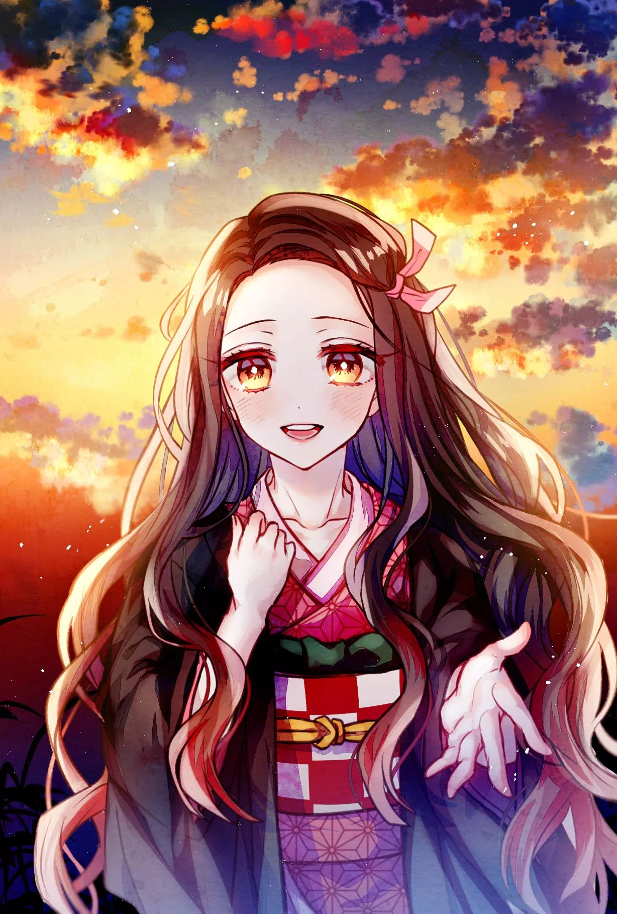Anime girl with long hair and a kimono standing in front of a sunset - Nezuko