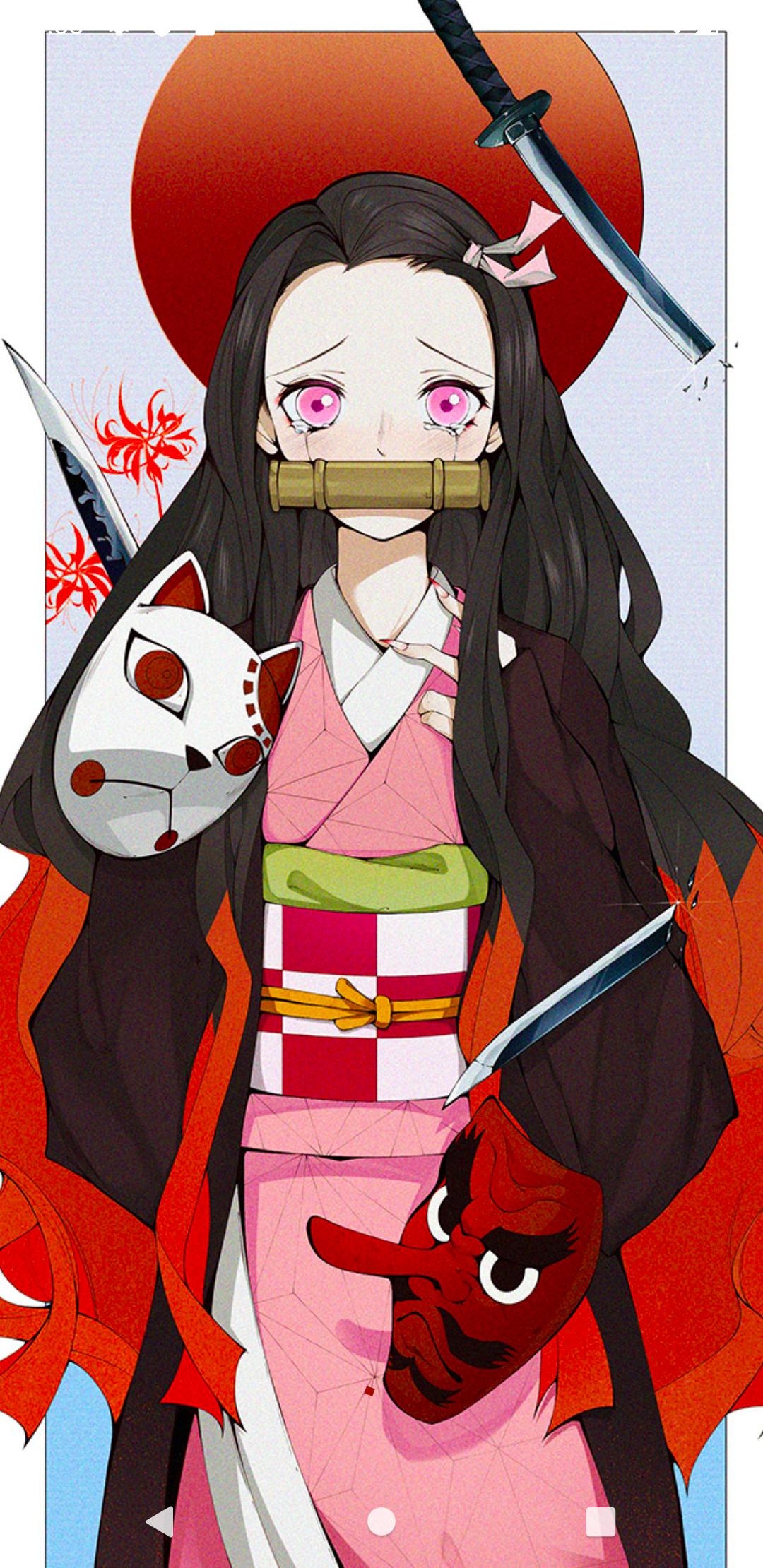 Aesthetic Demon Slayer wallpaper with Nezuko in a kimono, a fox mask, and a red sun in the background. - Nezuko