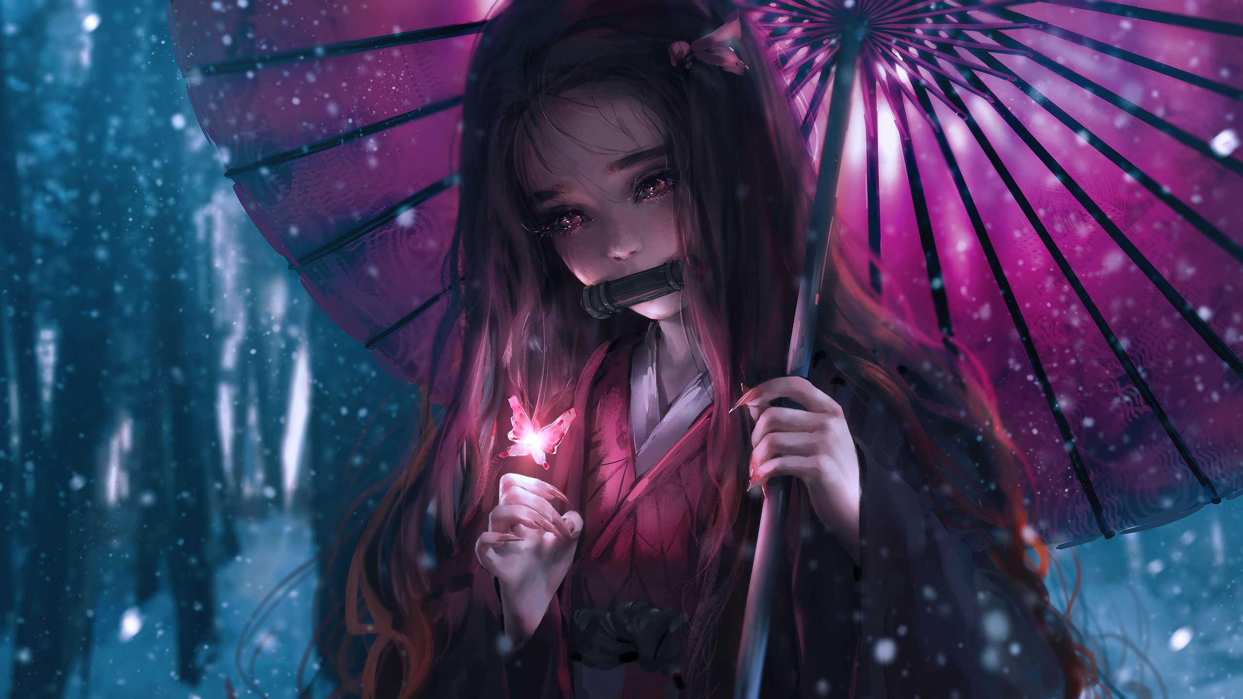 1920x1080 anime girl, umbrella, snow, night, The ancient magus bride, wallpaper, backgrounds - Nezuko