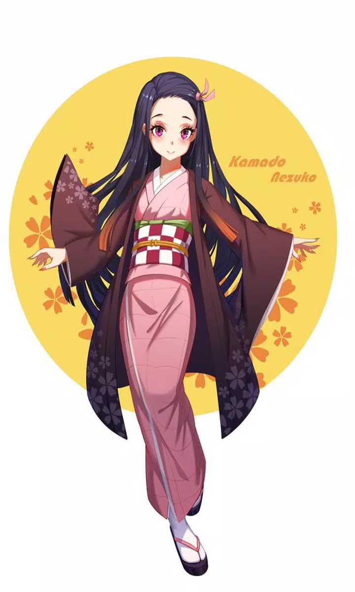 Anime girl with long black hair and kimono in pink and white - Nezuko