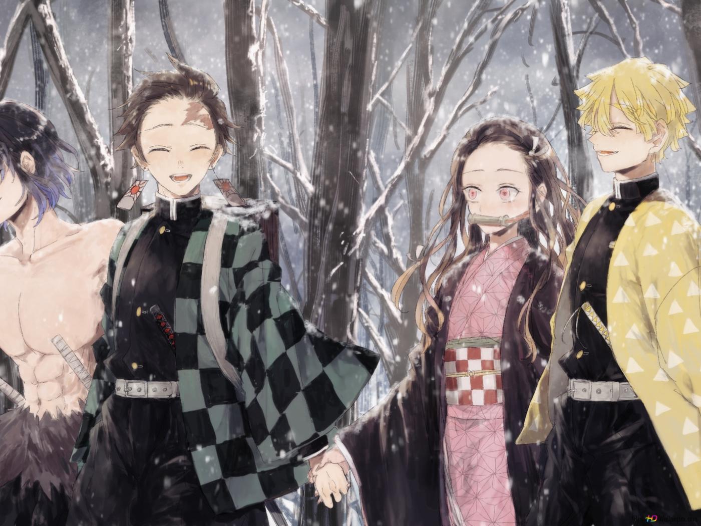 A group of characters from the anime Demon Slayer: Kimetsu no Yaiba standing in a snowy forest. - Nezuko