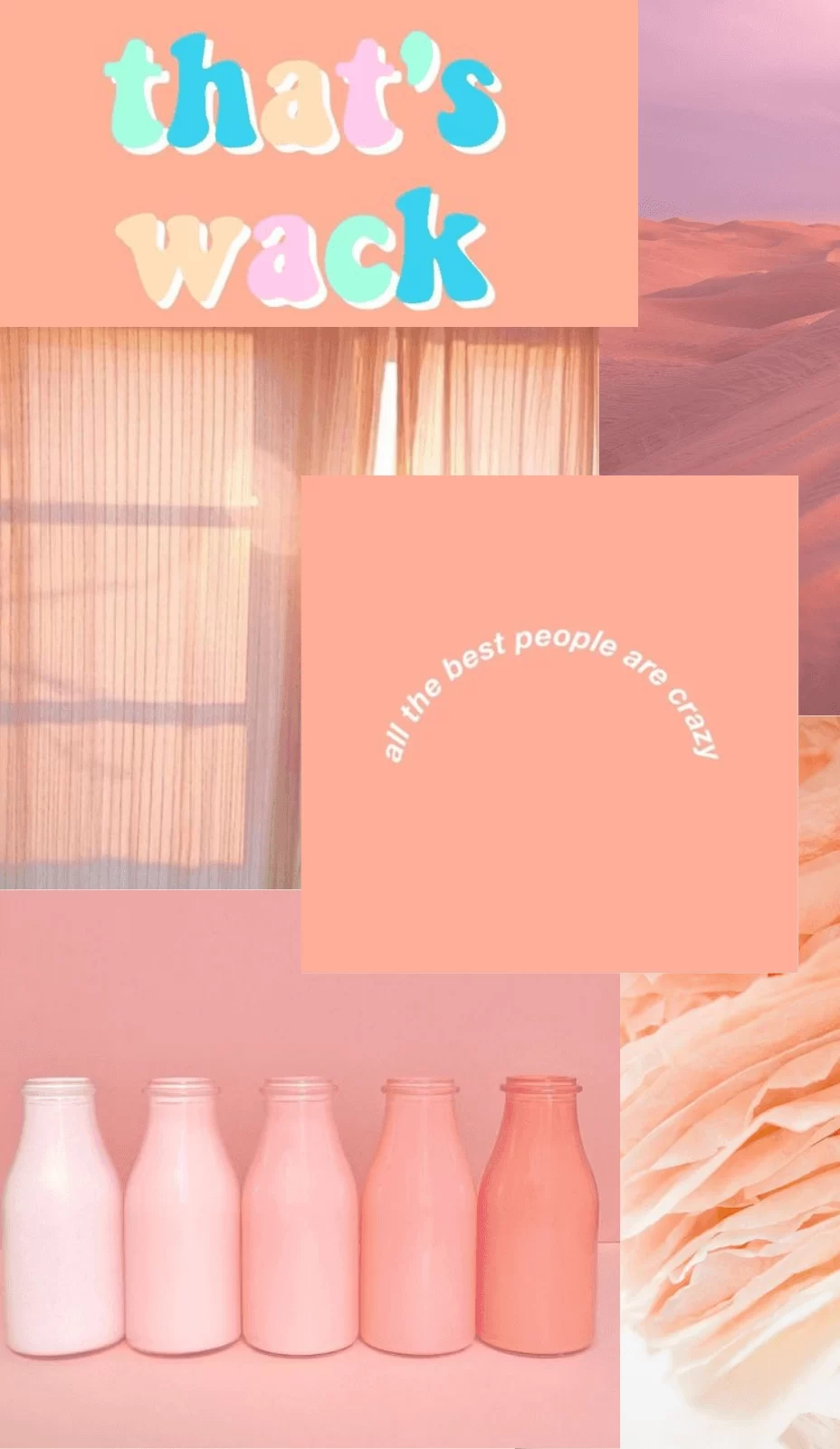 Aesthetic background of pink milk bottles, a pink sky, and the words 