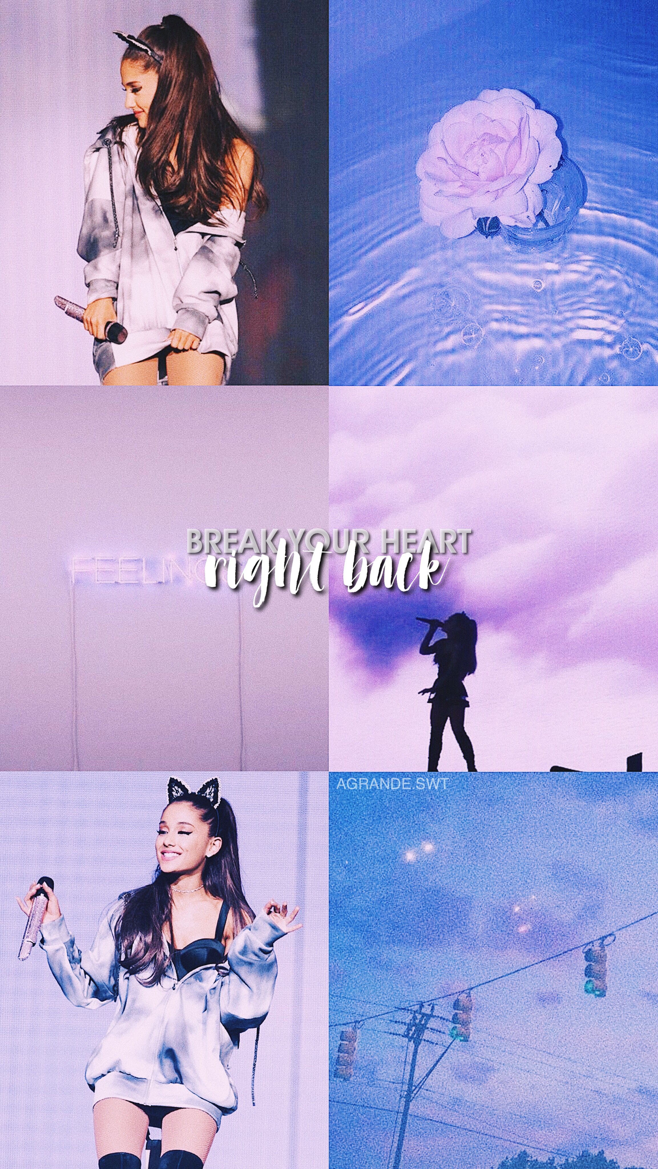 Collage of Ariana Grande in different outfits and in concert. Text in the middle says 