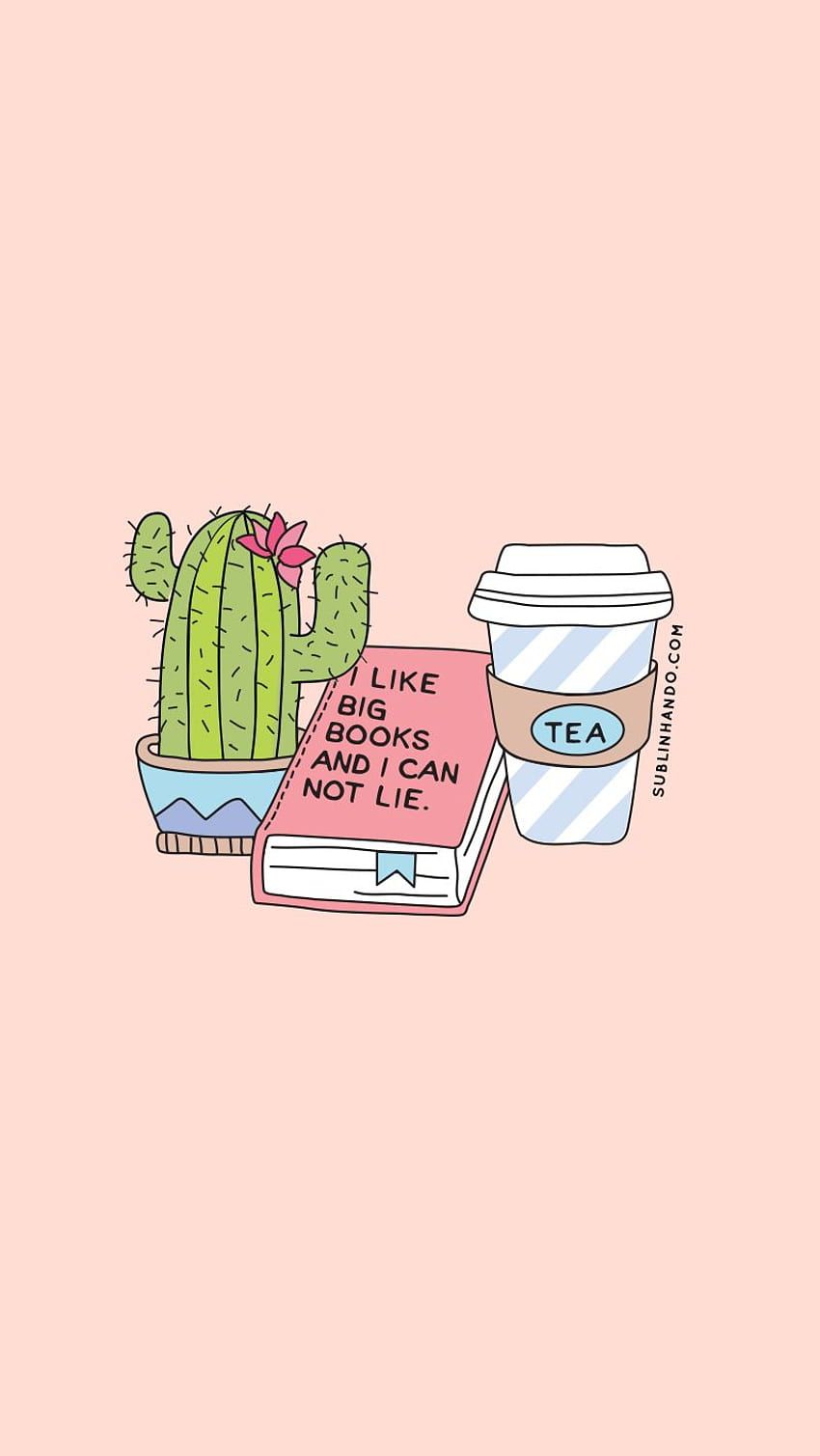 A phone background with a cactus, book, and coffee. - Funny, phone