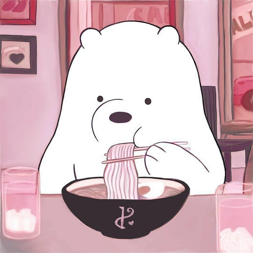 A cartoon white bear eating a bowl of noodles - We Bare Bears