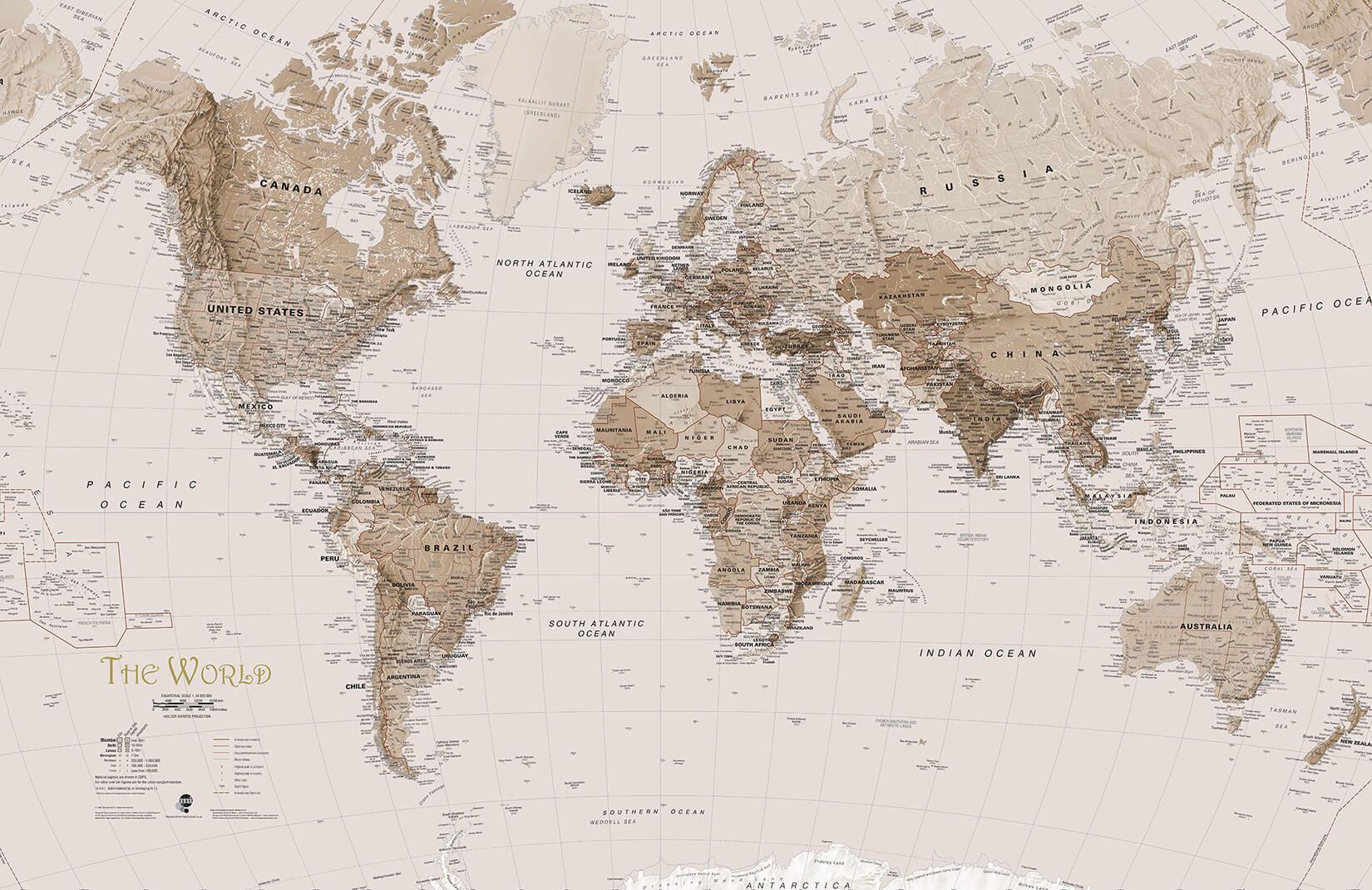 Sepia Earth Tone World Map Wallpaper Mural