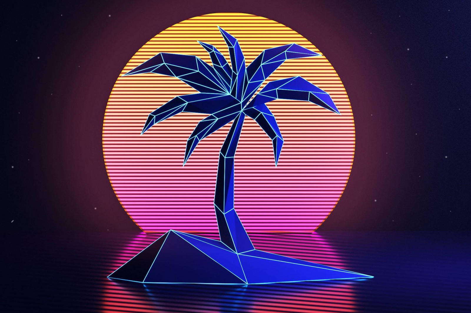 A digital palm tree on a digital island in front of a digital sun - Earth