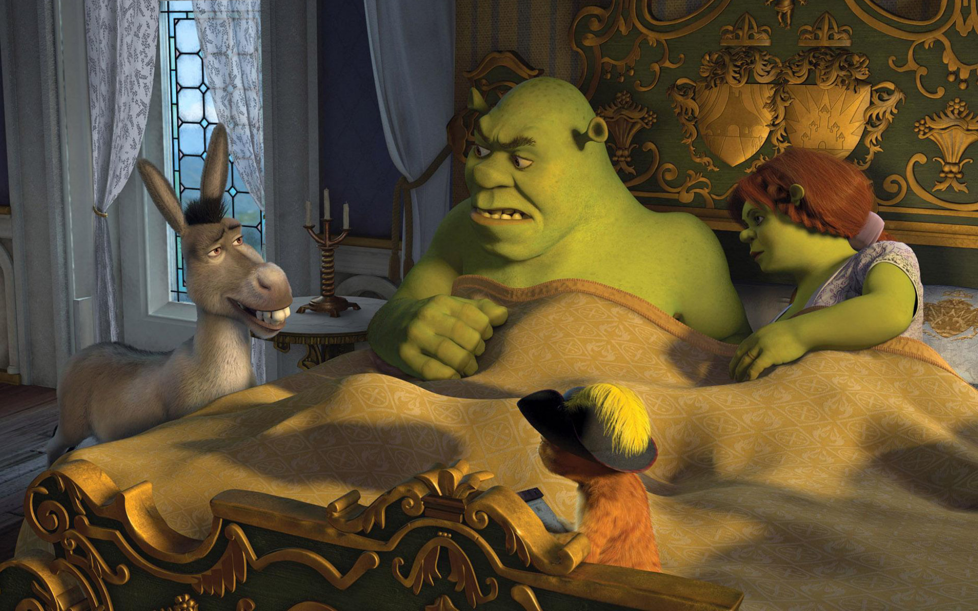 A cartoon character is laying in bed with two other characters - Shrek