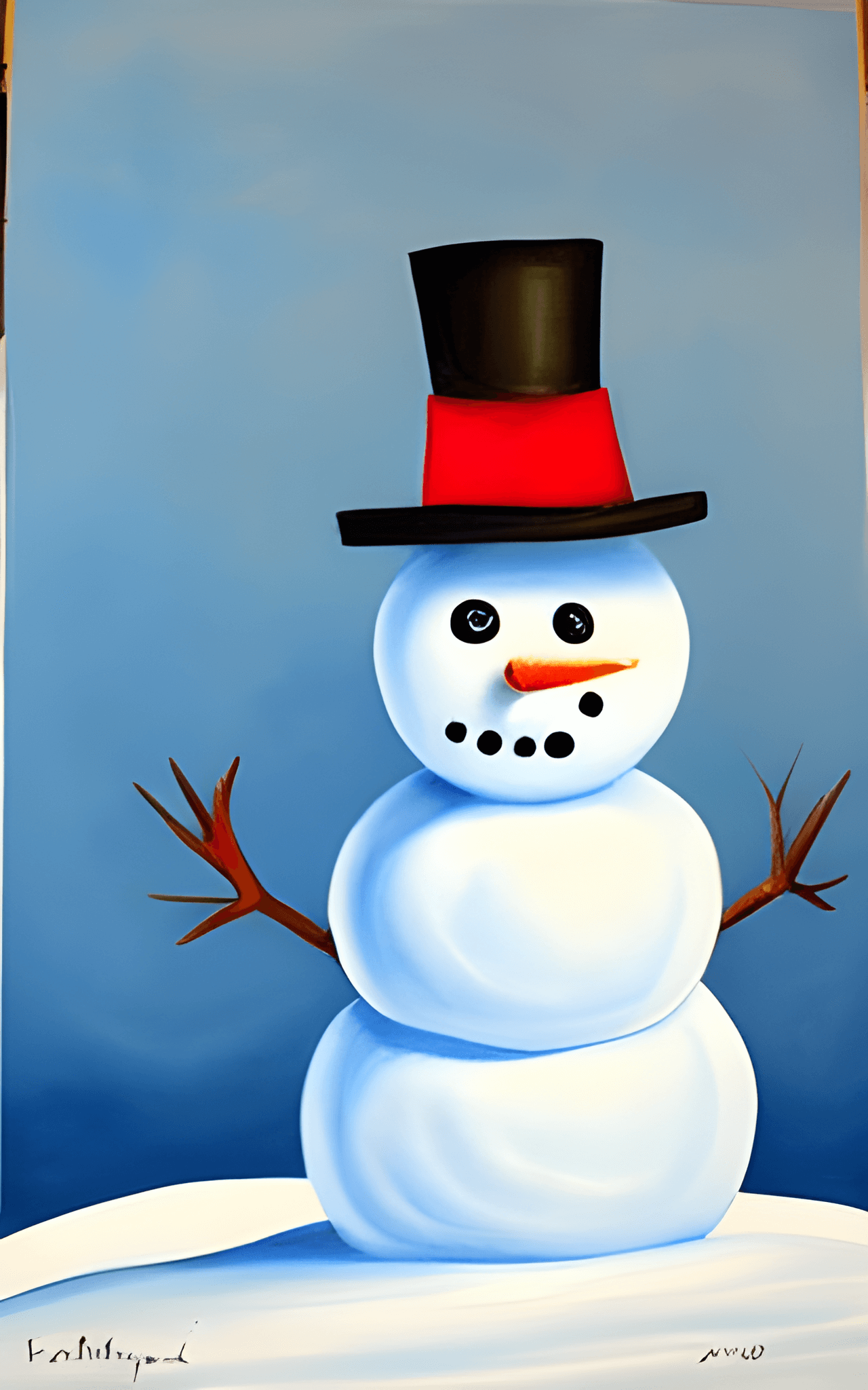 A painting of a snowman wearing a black and red hat. - Snow