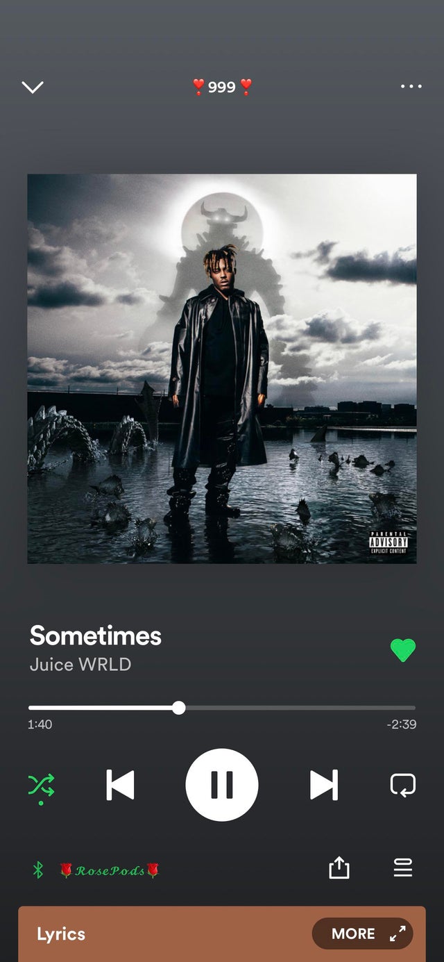 An album cover of Sometimes by Juice Wrld is displayed on a phone screen. - Spotify