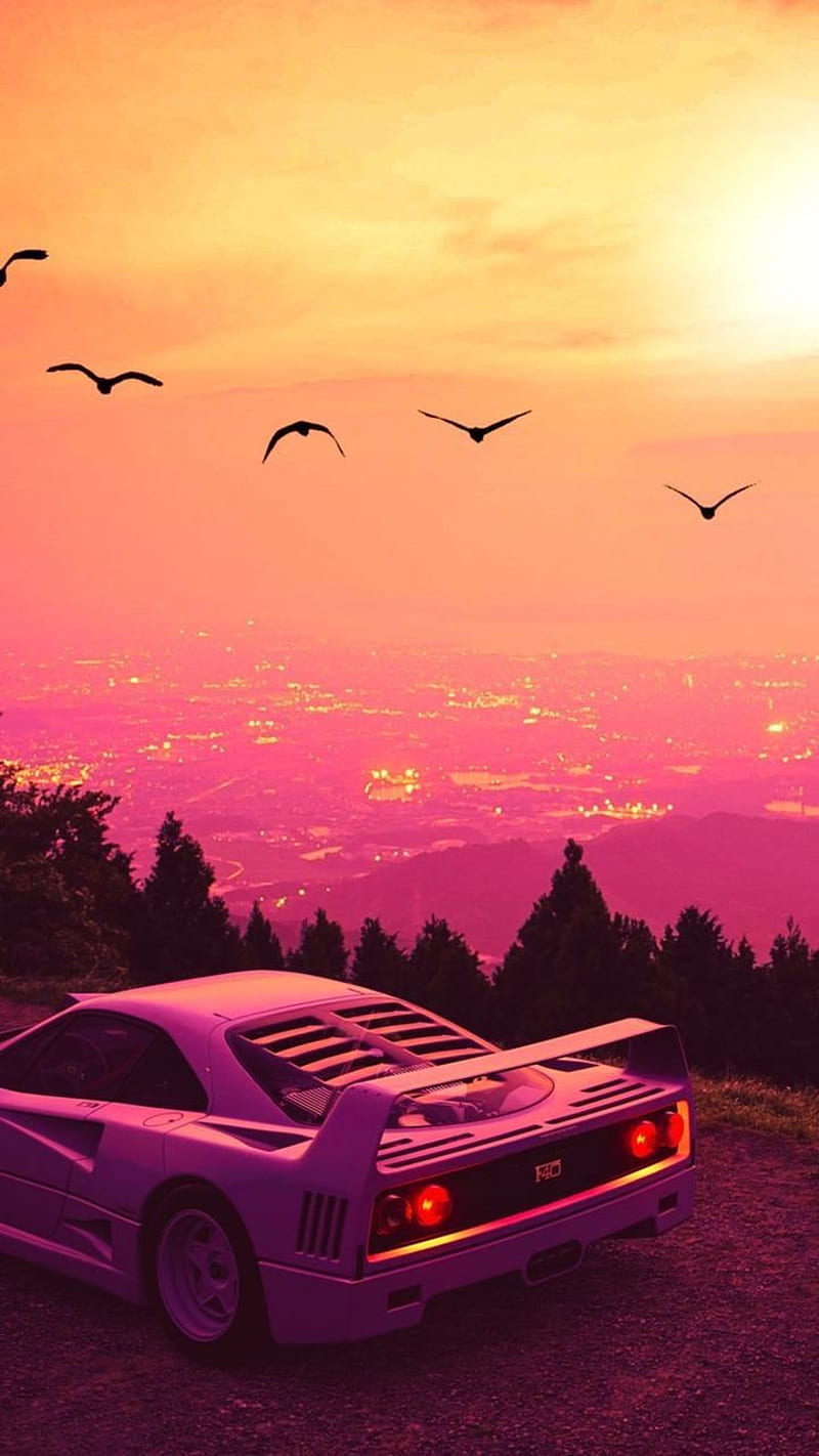 Ferrari F Cars, Sunset, automotive lighting, sky, Aesthetic, Orange, Sun, HD phone wallpaper