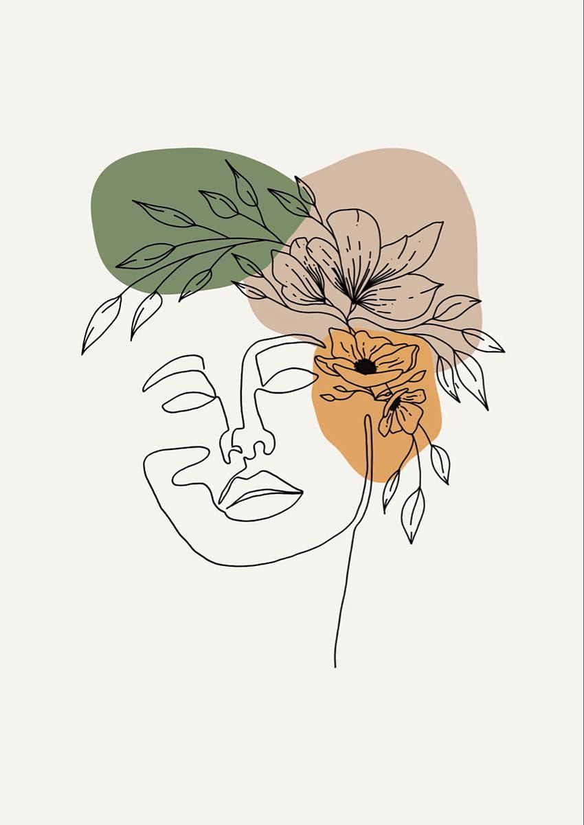 An abstract line drawing of a woman's face with flowers on it - Abstract