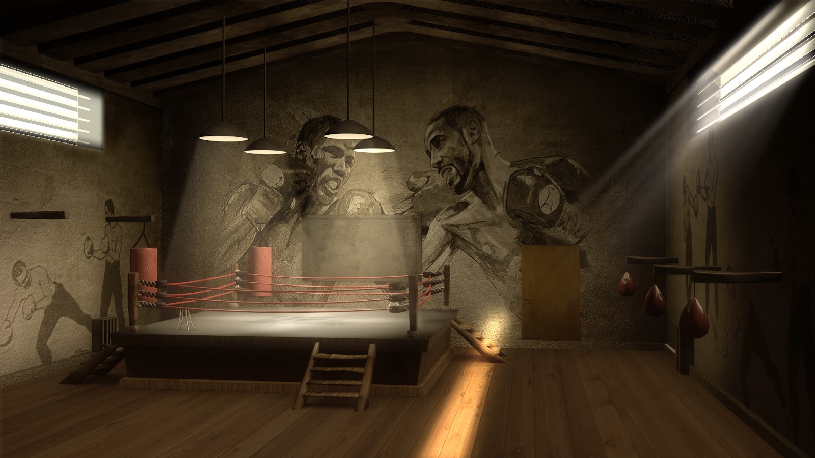 A room with two boxing rings and light - Gym