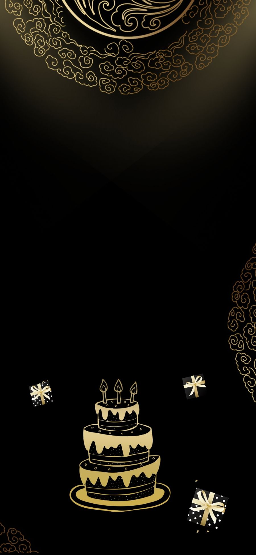 A black background with gold decorations and cake - Birthday