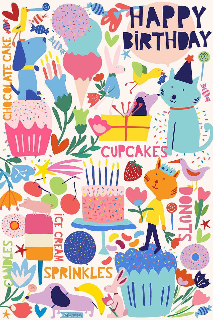 A colorful birthday card with cats and cupcakes - Birthday