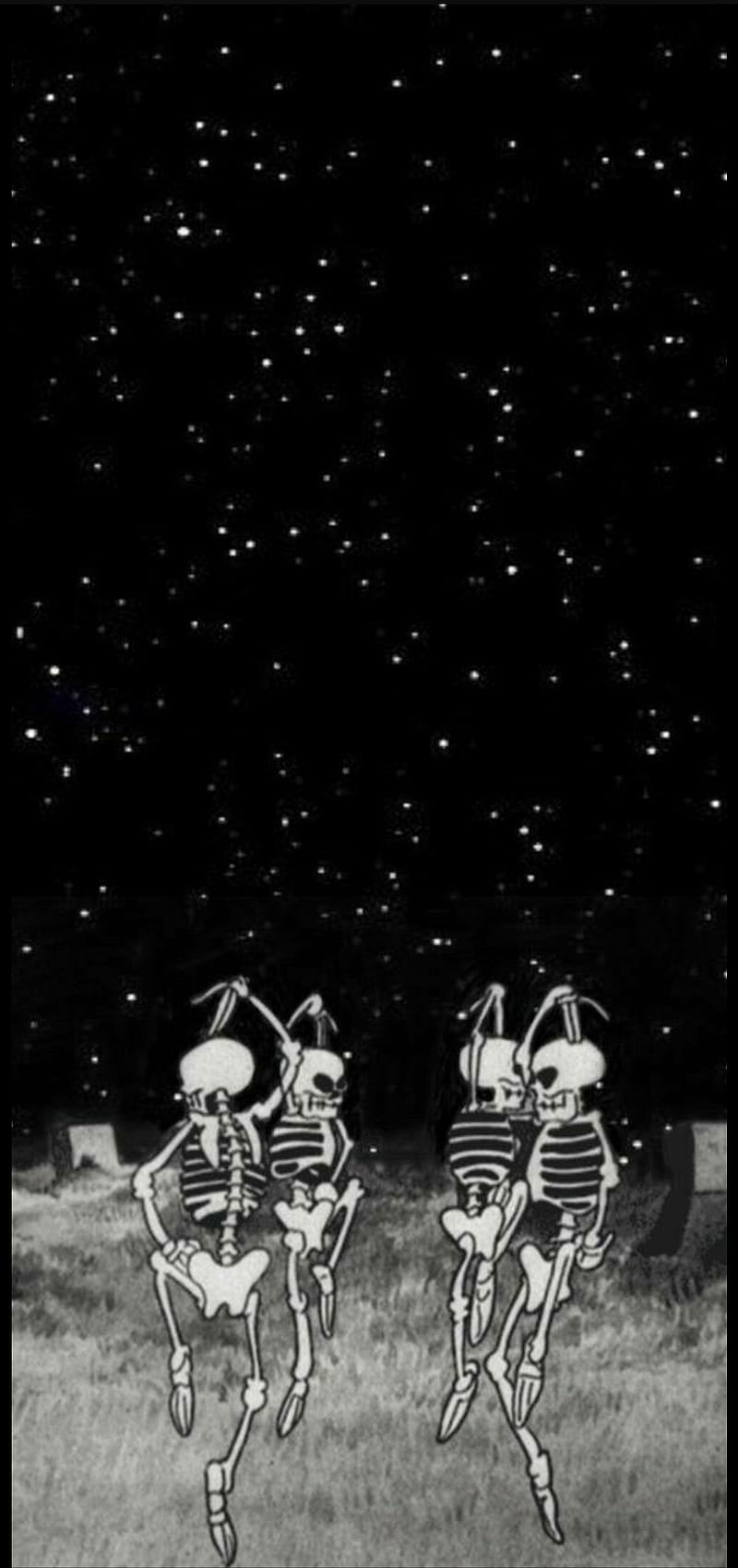 Four skeletons sitting on a grassy field under a starry sky - Dance, skeleton