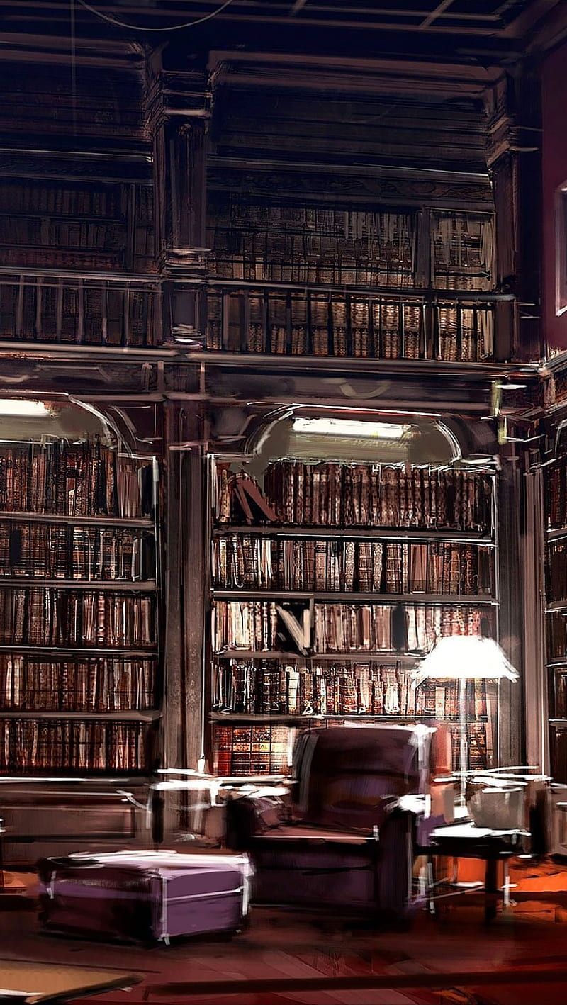 A dark library with a lamp on and books on the shelves - Bookshelf, library