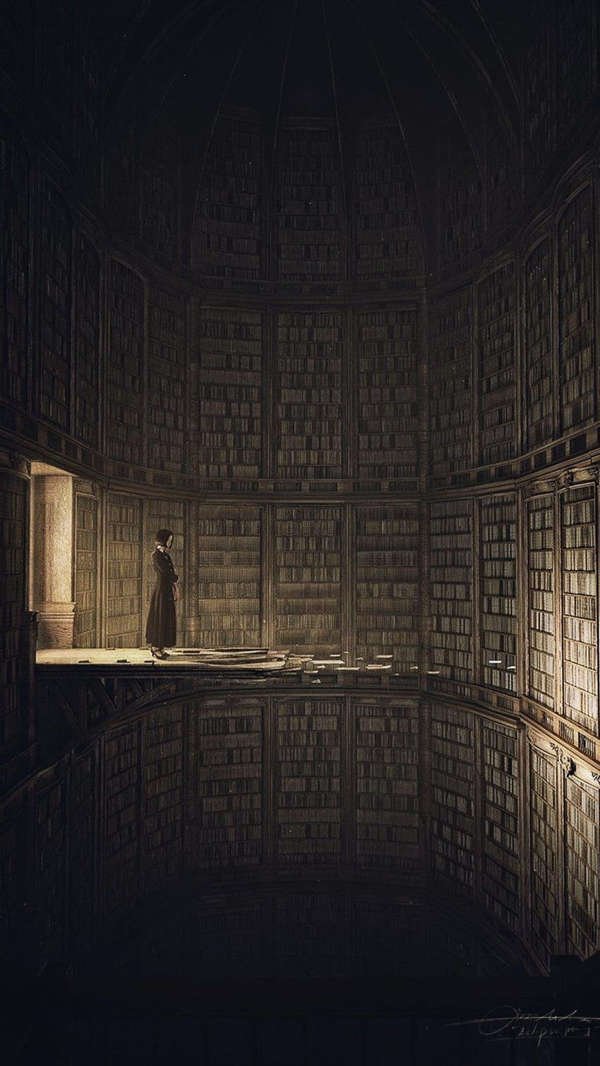 A person standing in a library with bookshelves - Library