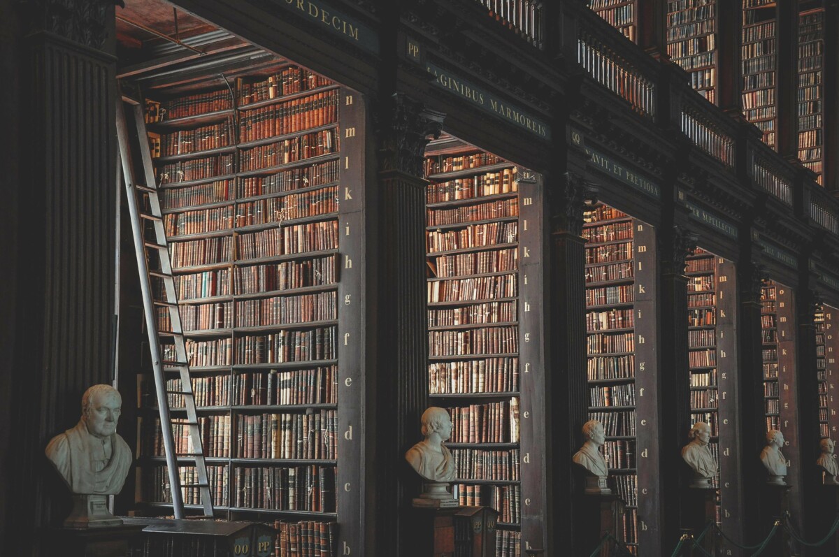 A library with many books and statues - Library