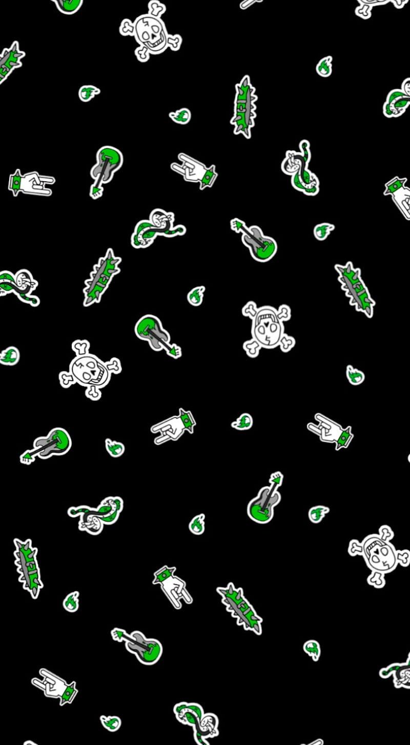 Green and white stickers of bones, guitars, and other things on a black background. - Punk, rock