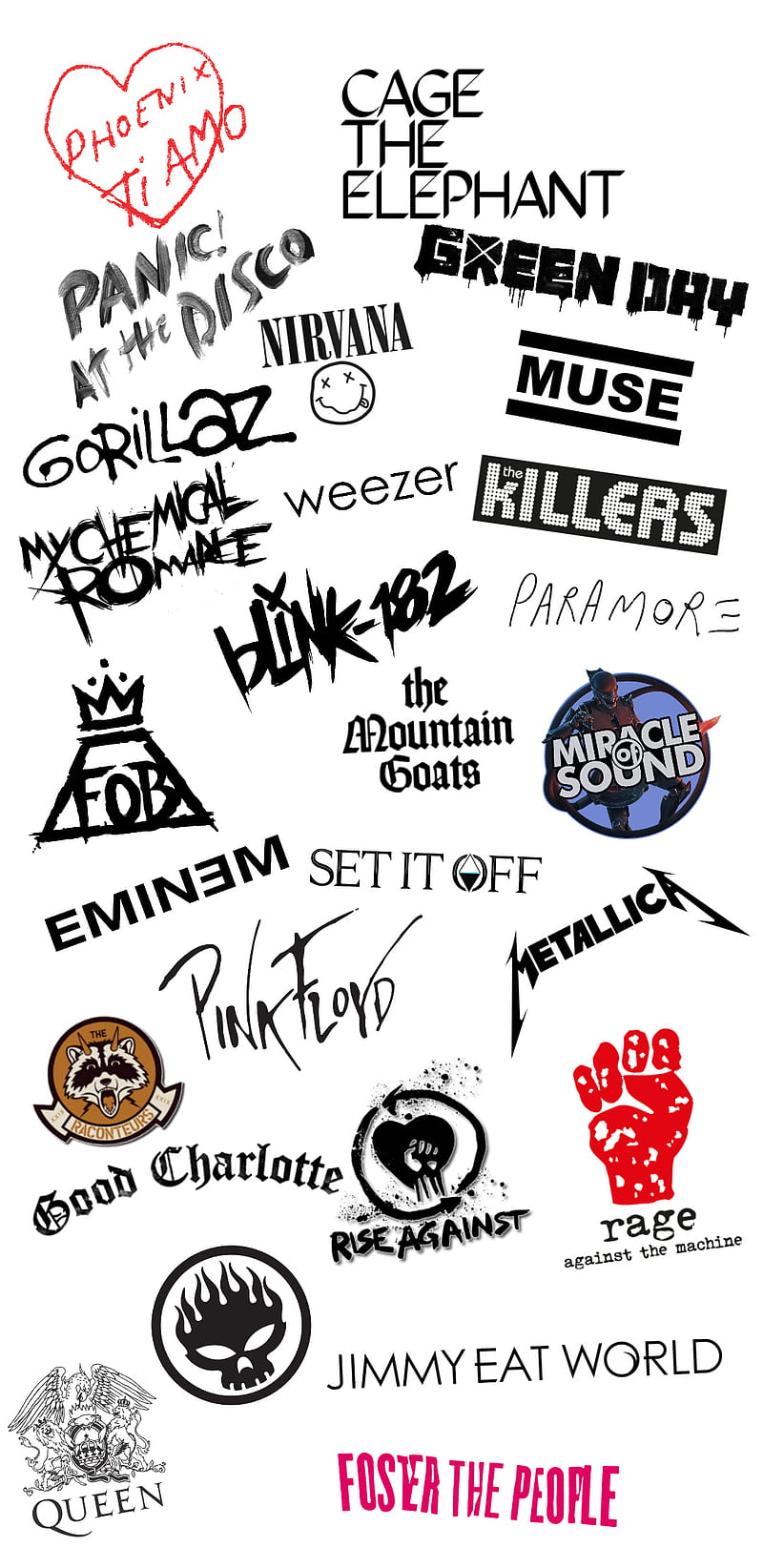 A collage of band logos including Queen, Blink 182, and My Chemical Romance. - Punk